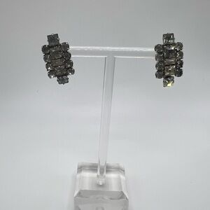 Crystal Statement Screw Back Earrings - Silver Toned - Vintage